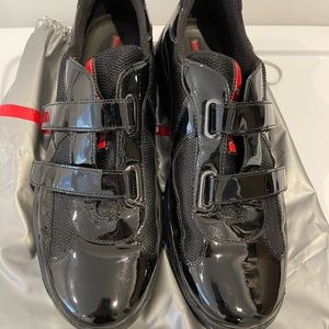 Prada black patent leather Velcro sneaker